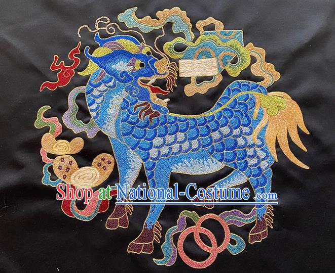 Chinese Hand Embroidery Kylin Applique Craft Traditional Embroidered Black Silk Cloth