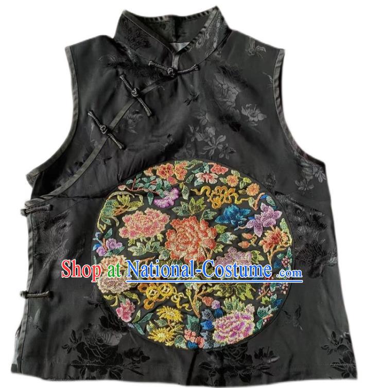 China Tang Suit Embroidered Vest National Upper Outer Garment Traditional Black Silk Waistcoat Clothing