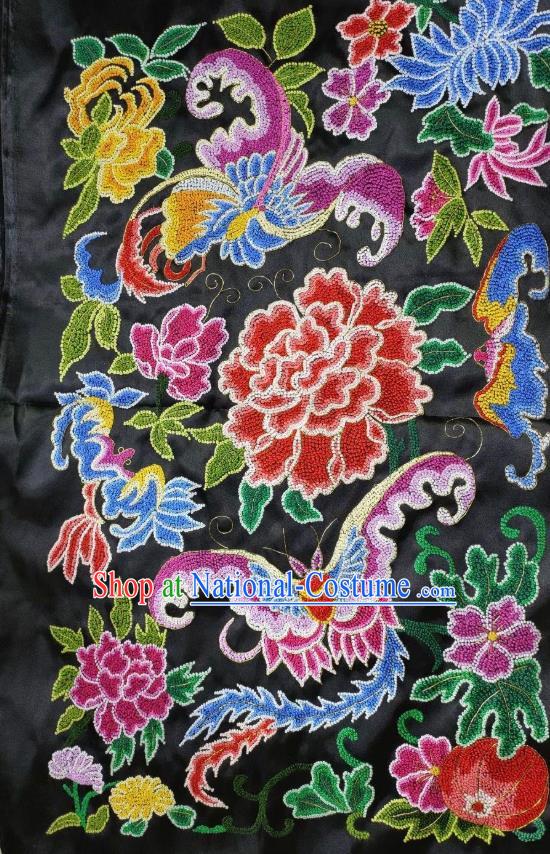 Chinese Traditional Embroidered Black Silk Cloth Hand Embroidery Butterfly Peony Applique Craft