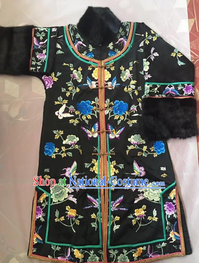 China National Embroidered Butterfly Peony Overcoat Tang Suit Outer Garment Traditional Black Silk Coat Clothing