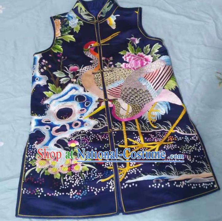 China Traditional Blue Silk Waistcoat Clothing National Embroidered Vest Tang Suit Upper Outer Garment