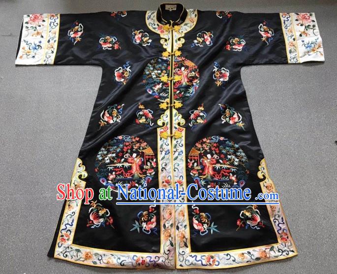 China Tang Suit Outer Garment Traditional Black Silk Coat Clothing National Embroidered Overcoat