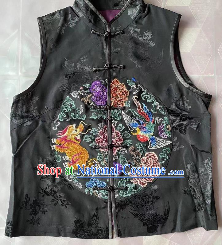 China National Upper Outer Garment Traditional Black Silk Waistcoat Clothing Tang Suit Embroidered Dragon Phoenix Vest