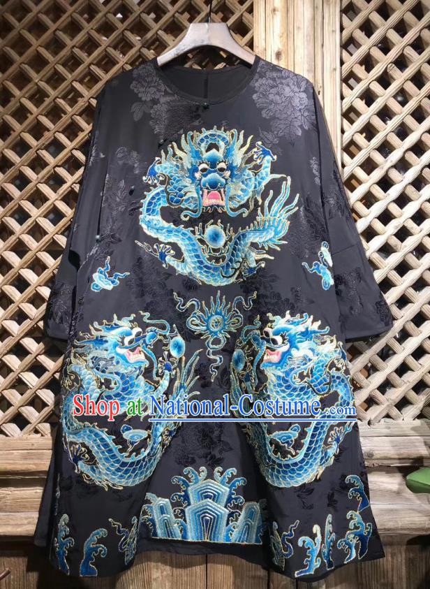 China National Embroidered Dragon Jacket Tang Suit Top Garment Traditional Black Silk Coat