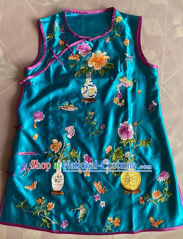 China Tang Suit Upper Outer Garment Traditional Blue Silk Waistcoat National Embroidered Flowers Vest