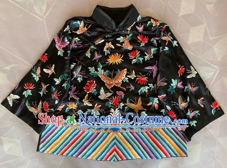 China Traditional Black Silk Coat National Embroidered Flowers Butterfly Jacket Tang Suit Outer Garment