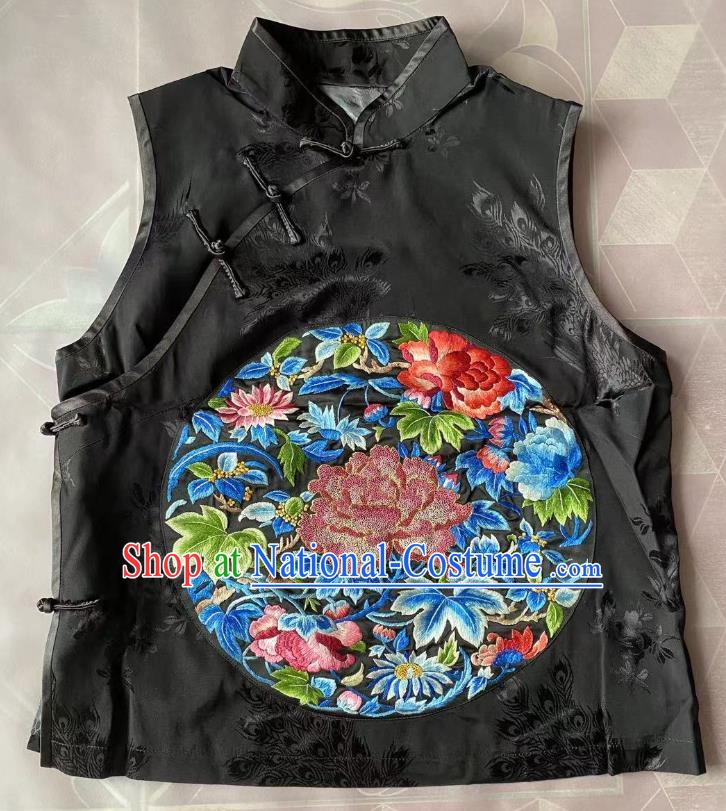 China Traditional Black Silk Waistcoat Clothing Tang Suit Embroidered Peony Vest National Upper Outer Garment