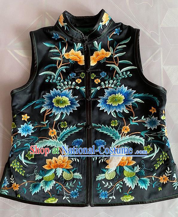 China Tang Suit Upper Outer Garment Traditional Black Silk Vest National Embroidered Flowers Waistcoat