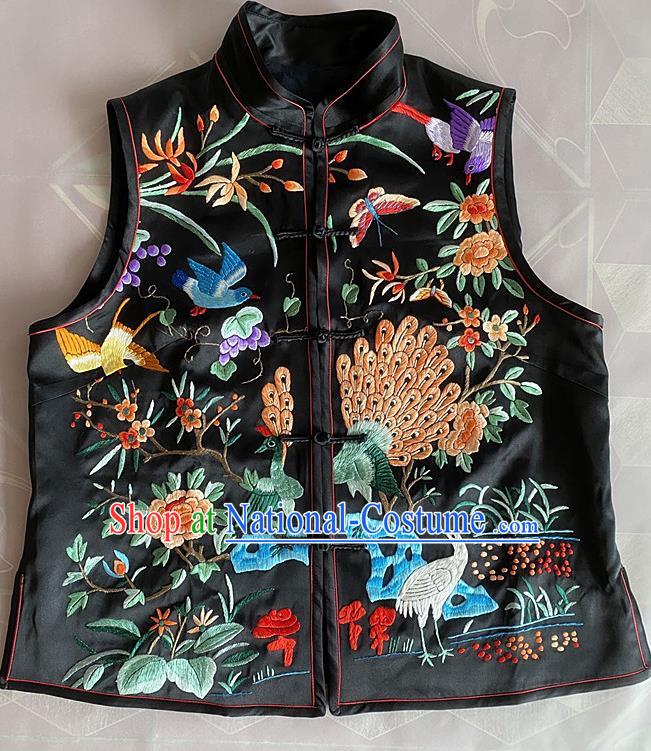 China National Embroidered Peacock Waistcoat Tang Suit Upper Outer Garment Traditional Black Silk Vest