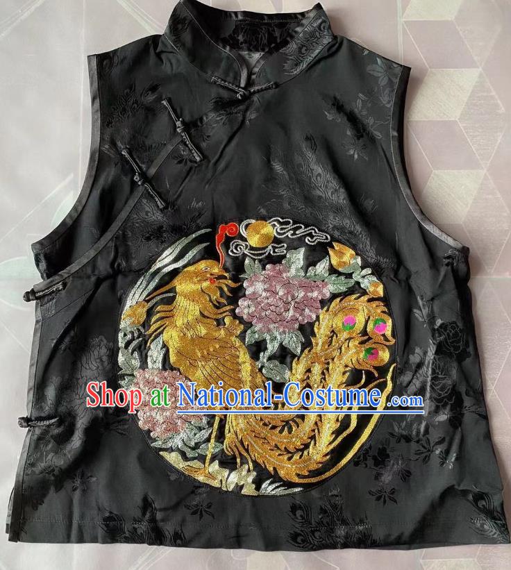 China Tang Suit Upper Outer Garment Traditional Black Silk Waistcoat Clothing National Embroidered Phoenix Peony Vest