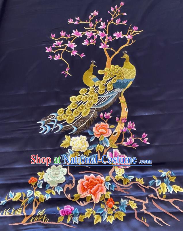 Chinese Hand Embroidery Navy Silk Applique Craft Traditional Embroidered Peacock Mangnolia Cloth