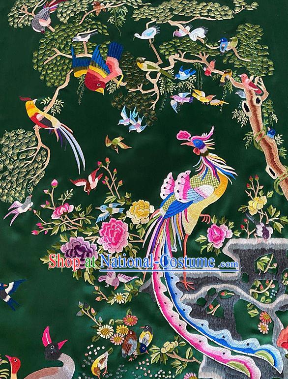 Chinese Traditional Embroidered Phoenix Birds Cloth Hand Embroidery Green Silk Applique Craft