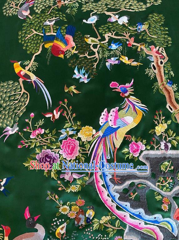 Chinese Traditional Embroidered Phoenix Birds Cloth Hand Embroidery Green Silk Applique Craft