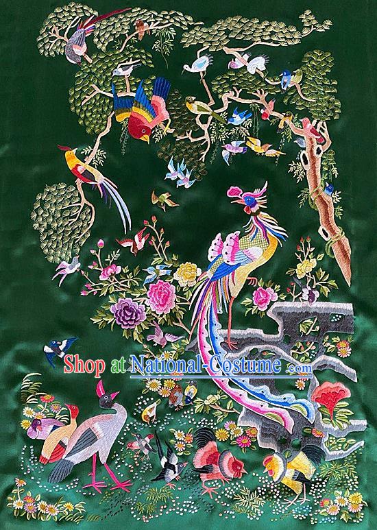 Chinese Traditional Embroidered Phoenix Birds Cloth Hand Embroidery Green Silk Applique Craft