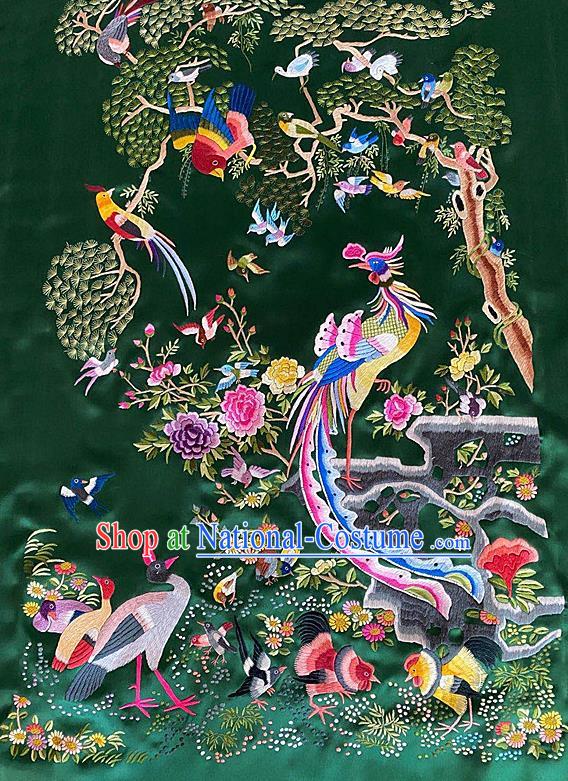 Chinese Traditional Embroidered Phoenix Birds Cloth Hand Embroidery Green Silk Applique Craft