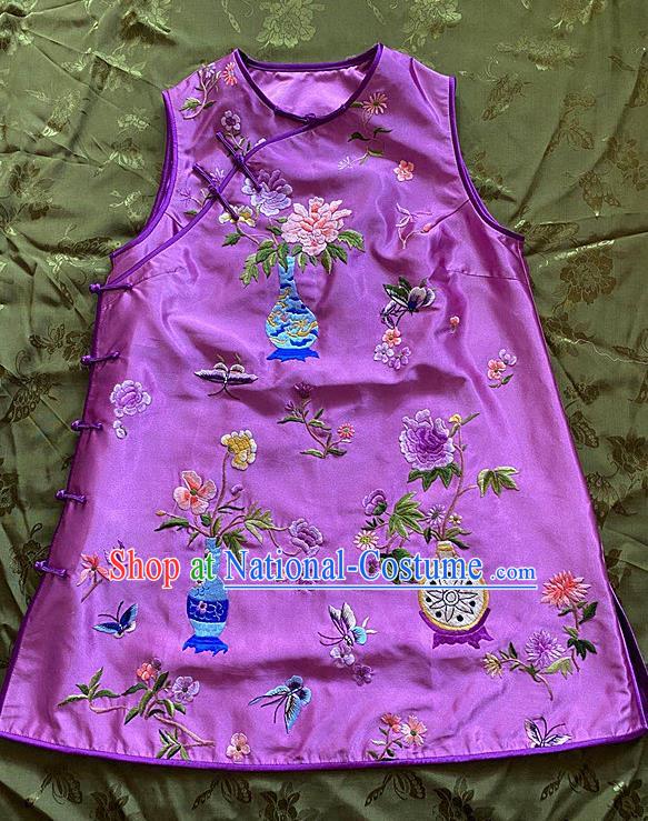 China Traditional Purple Silk Waistcoat National Embroidered Vest Tang Suit Upper Outer Garment