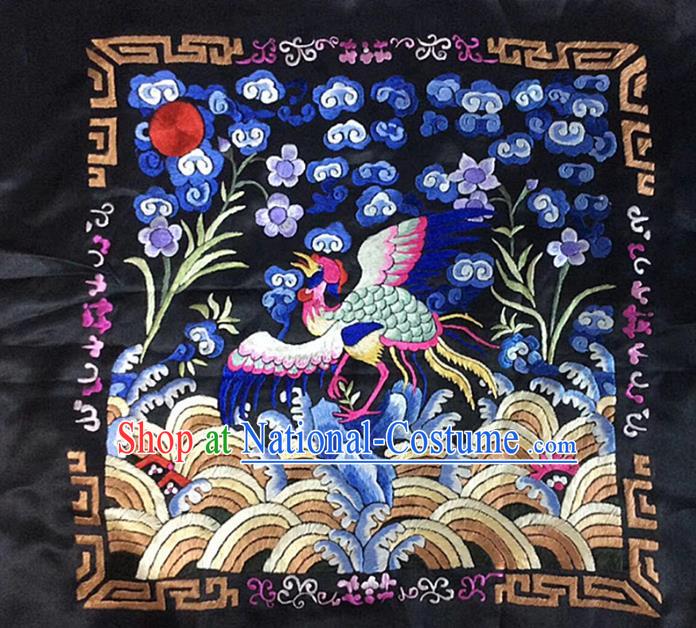 Chinese Traditional Qing Dynasty Embroidered Cloth Patch Hand Embroidery Crane Black Silk Applique Craft