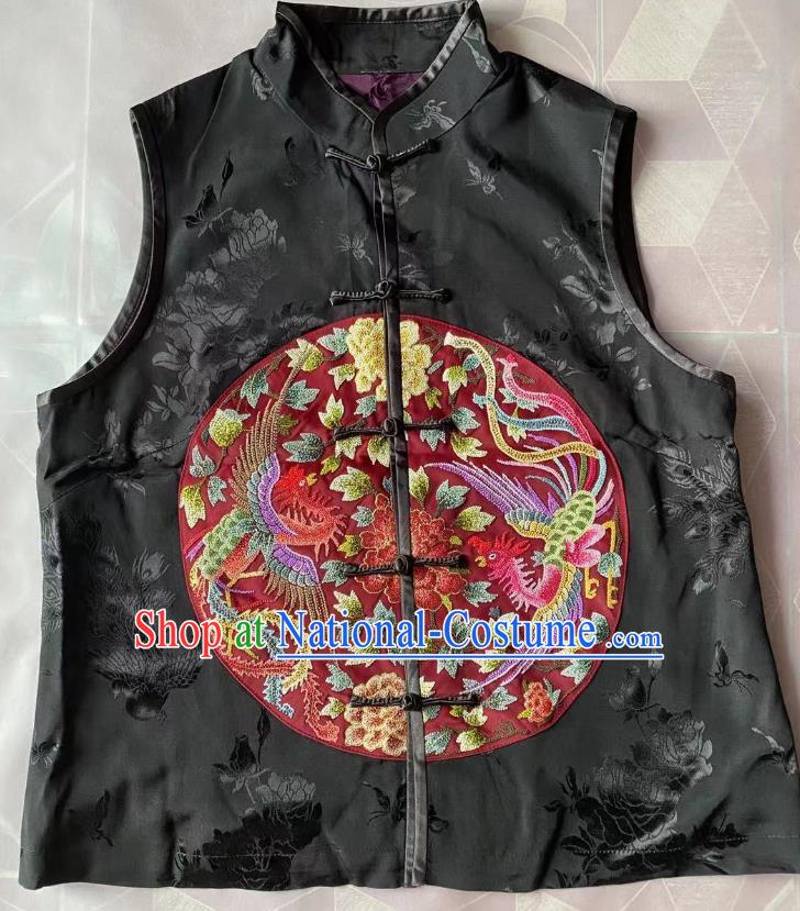 China National Embroidered Phoenix Peony Vest Tang Suit Upper Outer Garment Traditional Black Silk Waistcoat Clothing