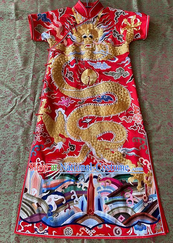 China Traditional Red Silk Cheongsam National Embroidered Dragon Qipao Dress Clothing