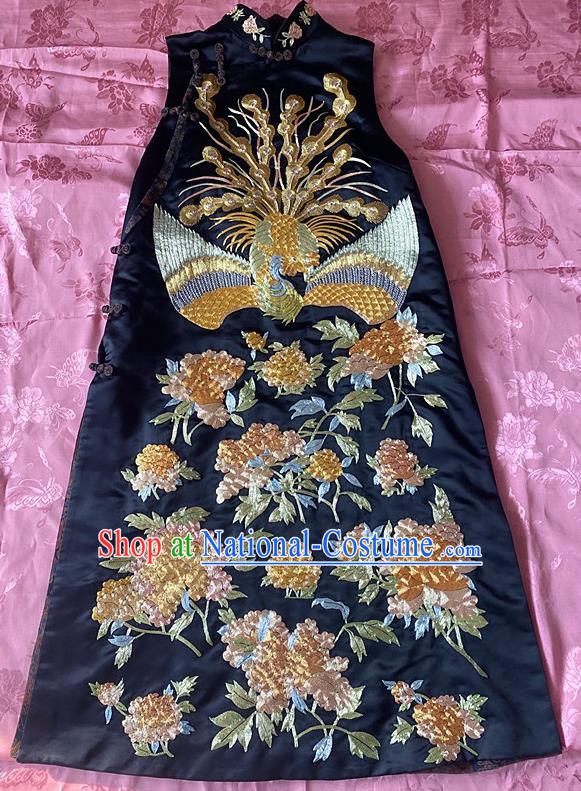 China Tang Suit Embroidery Phoenix Peony Qipao Dress Traditional Navy Silk Cheongsam National Embroidered Clothing