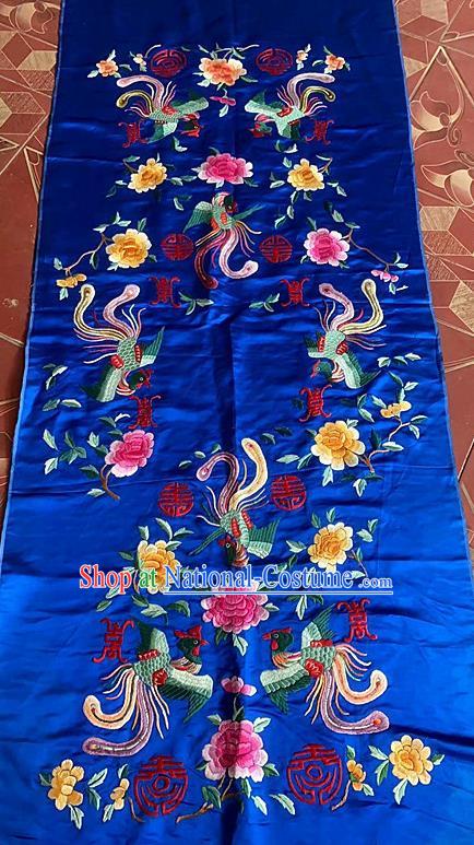 Chinese Traditional Embroidered Phoenix Peony Cloth Patch Hand Embroidery Royalblue Silk Applique Craft