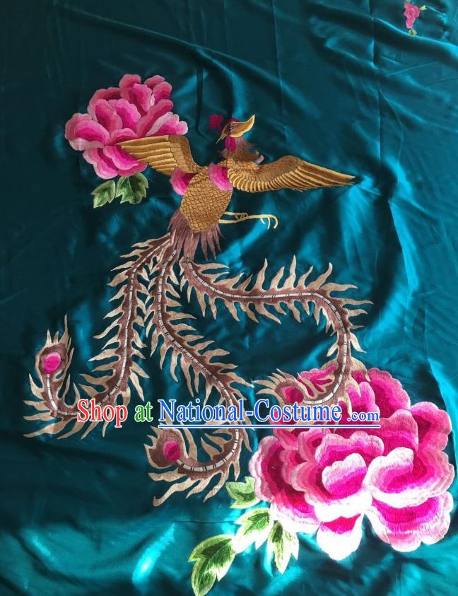 Chinese Hand Embroidery Blue Silk Applique Craft Traditional Embroidered Phoenix Peony Cloth Patch