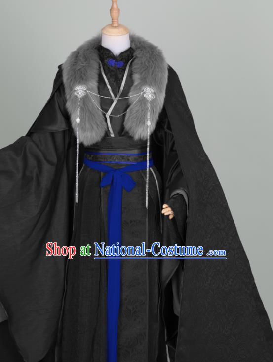 Chinese Traditional Drama Cosplay Swordsman Gu Yun Garment Costumes Ancient Royal King Black Hanfu Clothing