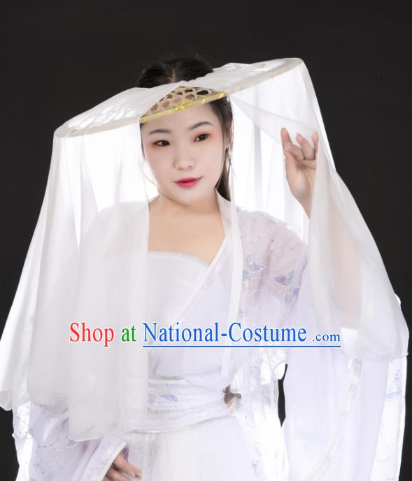 China Traditional Ming Dynasty Princess Bamboo Hat Ancient Swordswoman White Veil Headwear