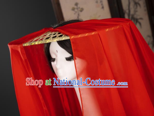 China Traditional Ming Dynasty Swordswoman Red Veil Headwear Ancient Princess Bamboo Hat