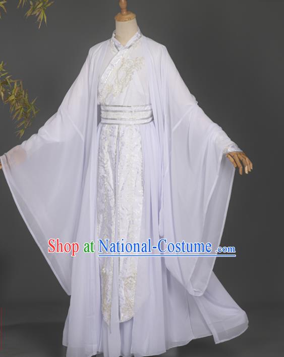 Chinese Ancient Scholar White Hanfu Clothing Traditional Cosplay Young Swordsman Garment Costumes