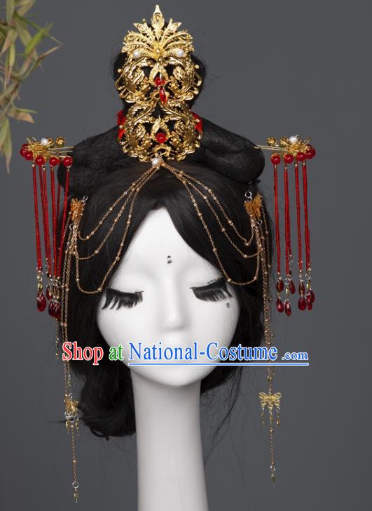 China Traditional Tang Dynasty Wedding Hair Accessories Ancient Princess Golden Hair Crown and Tassel Hairpins