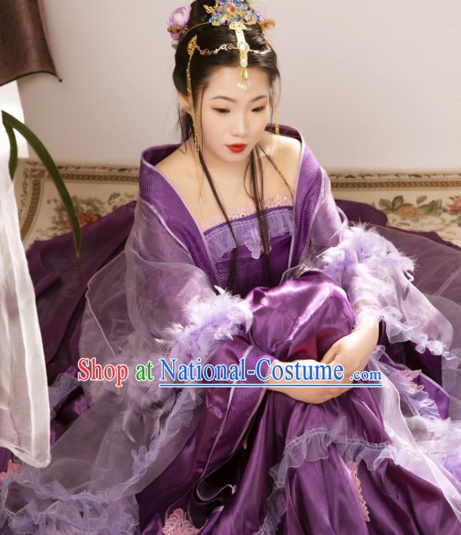 China Traditional Cosplay Tang Dynasty Imperial Consort Clothing Ancient Goddess Purple Hanfu Dress Garments