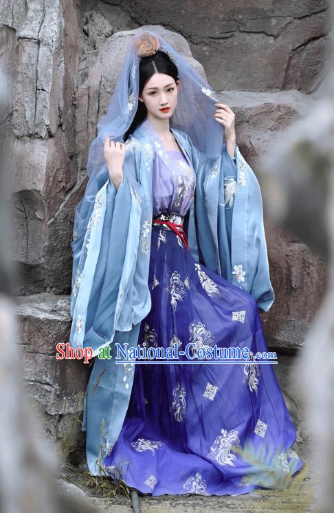 China Traditional Tang Dynasty Palace Beauty Historical Clothing Ancient Princess Blue Hanfu Dress Garments Complete Set