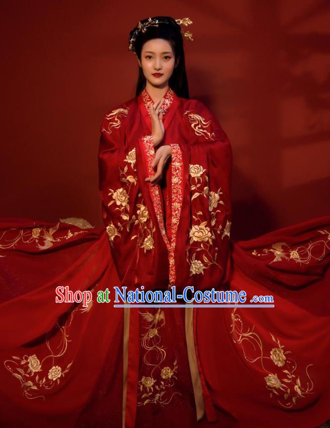 China Traditional Jin Dynasty Court Princess Wedding Historical Clothing Ancient Palace Lady Red Hanfu Dress Garments