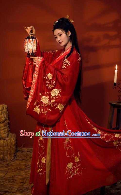 China Traditional Jin Dynasty Court Princess Wedding Historical Clothing Ancient Palace Lady Red Hanfu Dress Garments