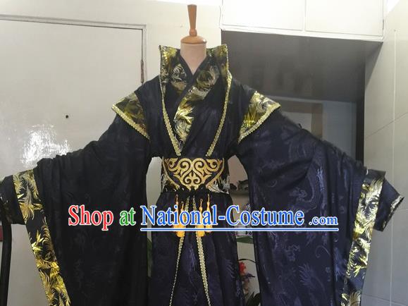 Chinese Drama Cosplay Emperor Apparels Qin Dynasty Monarch Garment Costumes Ancient King Black Hanfu Clothing