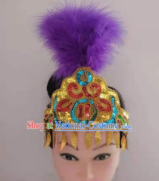 Chinese Xinjiang Ethnic Folk Dance Hair Clasp Traditional Uyghur Nationality Dance Headpieces Minority Stage Performance Purple Feather Hair Crown