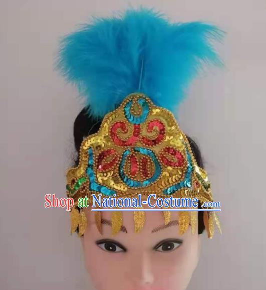 Chinese Folk Dance Hair Clasp Traditional Uyghur Nationality Dance Headpieces Xinjiang Ethnic Blue Feather Hair Crown