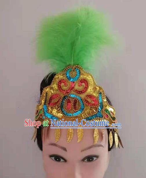 Chinese Xinjiang Ethnic Green Feather Hair Crown Folk Dance Hair Clasp Traditional Uyghur Nationality Dance Headpieces