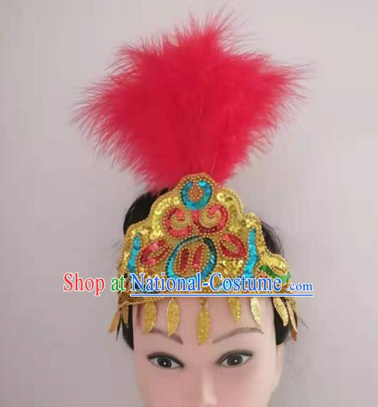 Chinese Traditional Uyghur Nationality Dance Headpieces Xinjiang Ethnic Watermelon Red Feather Hair Crown Folk Dance Hair Clasp