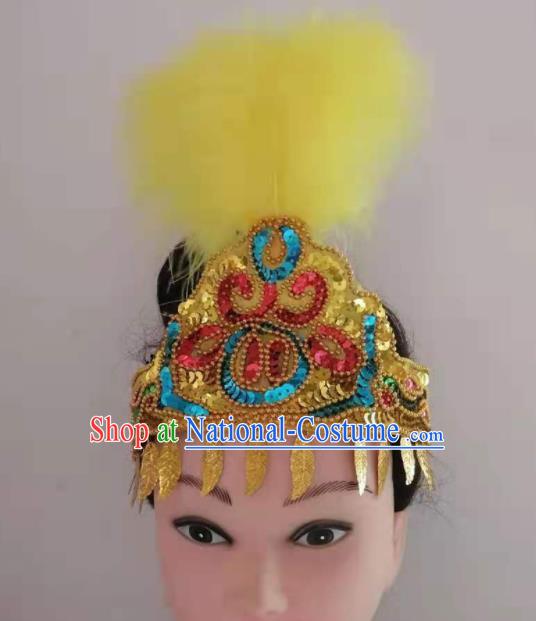 Chinese Folk Dance Hair Accessories Traditional Uyghur Nationality Dance Headwear Xinjiang Ethnic Yellow Feather Hair Crown