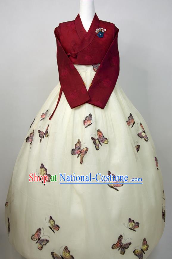 Korean Wedding Bride Fashion Costumes Young Lady Classical Hanbok Wine Red Blouse and Embroidered Butterfly Dress Korea Traditional Festival Clothing