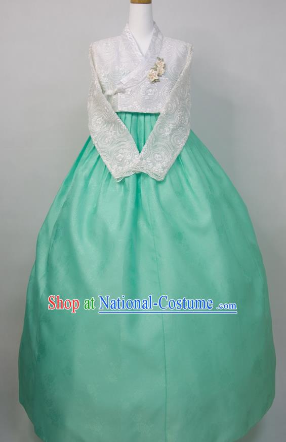 Korean Traditional Dance Clothing Wedding Bride Fashion Costumes Korea Court Hanbok White Blouse and Green Dress