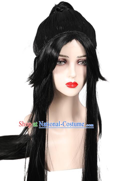 Chinese Ancient Swordsman Headdress Qin Dynasty Young Childe Toupee Hairpieces Cosplay Knight Black Wigs