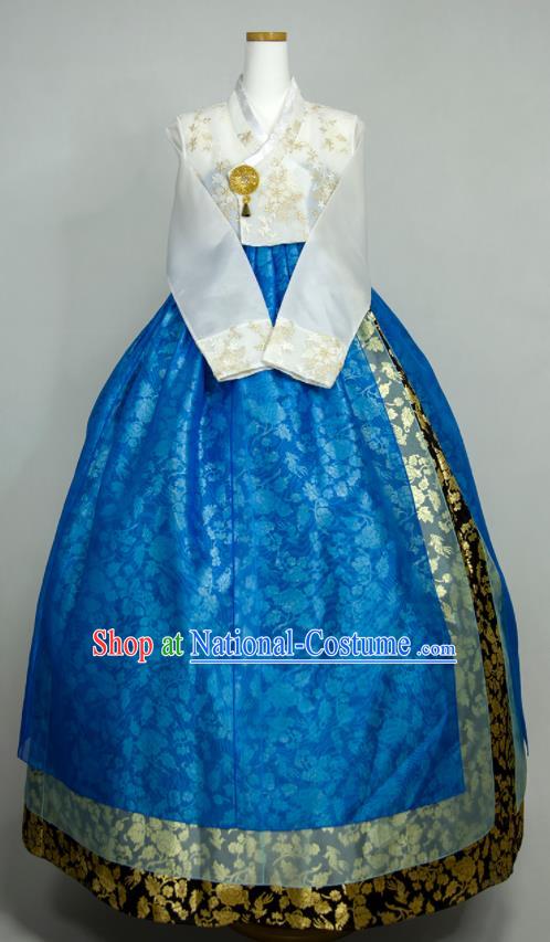 Korean Traditional Court Clothing Classical Wedding Fashion Costumes Bride Hanbok White Blouse and Royalblue Dress