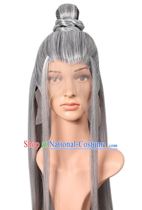 Chinese Cosplay Drama Swords of Legends Grey Wigs Ancient Swordsman Headdress Jin Dynasty Taoist Priest Toupee Hairpieces