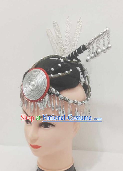 China Miao Nationality Woman Wigs Ethnic Folk Dance Silver Hair Accessories Hmong Minority Performance Headpieces