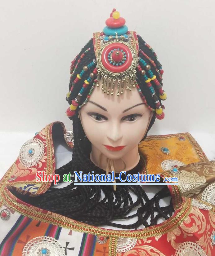 China Zang Ethnic Folk Dance Hair Accessories Minority Performance Headwear Tibetan Nationality Headdress