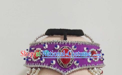 China Mongol Minority Performance Headwear Mongolian Nationality Woman Purple Headband Ethnic Folk Dance Hair Accessories