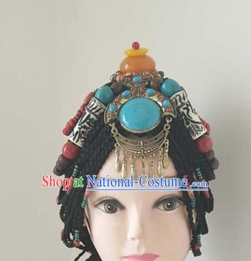 China Tibetan Ethnic Folk Dance Hair Accessories Minority Performance Headwear Zang Nationality Woman Headdress